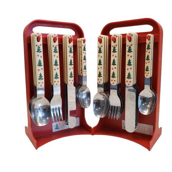 Oneida Holiday Colormates 46 Piece Set Plus Portable Caddy Christmas Flatware - Picture 2 of 14